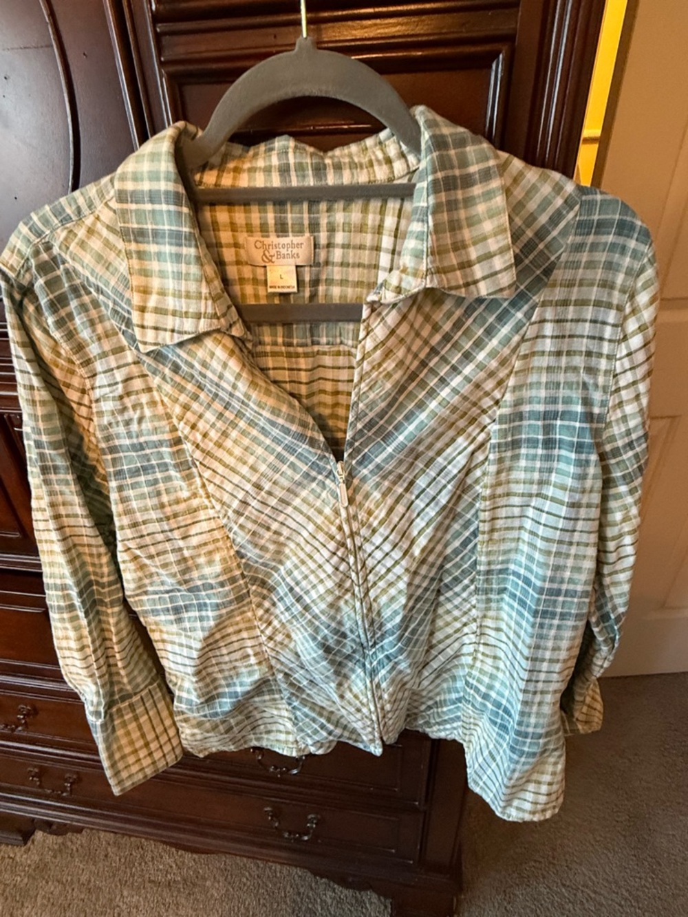 Christopher & Banks Green,Blue and Cream Plaid Zip Shirt Jacket size L - Picture 4 of 5